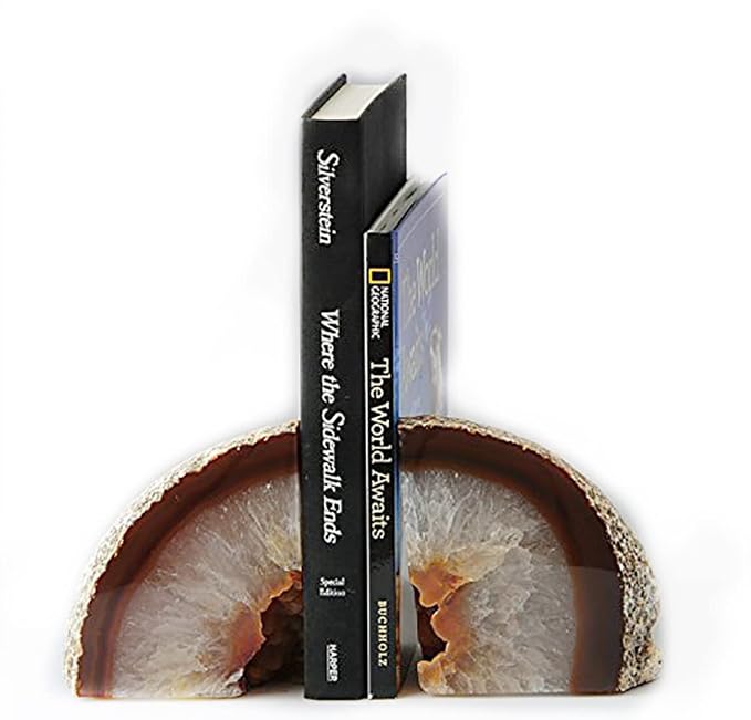 JIC Gem Natural Agate Geode Bookends Anti-Slip Heavy Duty 1 Pair 6-8 Lbs | Heavy Duty Decorative Crystal Book Stoppers Stone Book Supports for Shelf Desktop Home Office Decor Crystal Ornament Gift