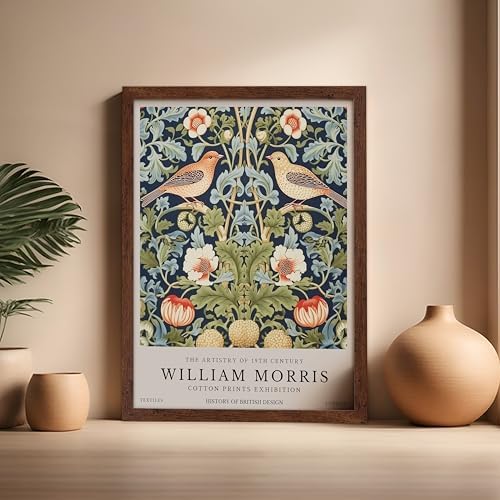 Poster Master William Morris Poster - Strawberry Thief Print - Bird Art - Botanical Art - Flower Artwork - Exhibition Creation - Animal Piece - Floral Illustration - Office or Bedroom Wall Decor - 16x20 Brown Framed