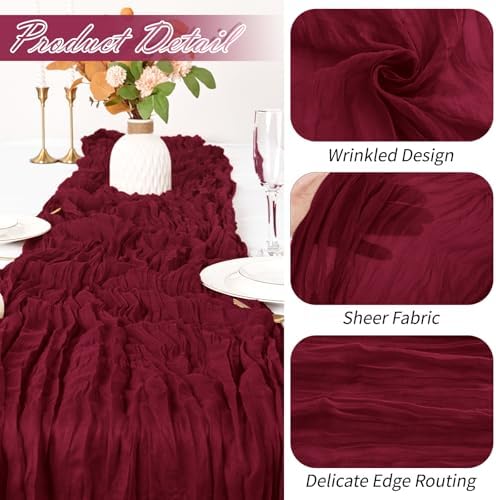 30 Pack Burgundy Cheesecloth Table Runner 17 x 108 inch Cheese Cloth Table Runners 9ft Burgundy Table Runner Rustic Romantic Sheer Gauze Runner for Wedding Party Baby Shower Table Decoration