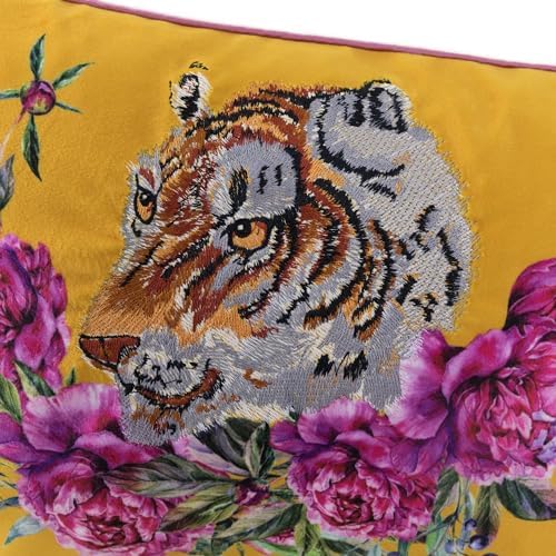 JWH Yellow Tiger Pillow Covers Decorative Flower Embroidered Throw Pillow Colorful Accent Pillow Case Velvet Cushion Luxury Pillowcase for Bed Couch Bedroom Office Decor 12x20 Inches