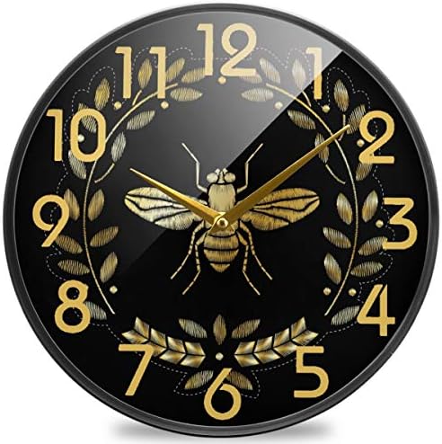 Naanle Golden Bee Insect Pattern Round Wall Clock, 12 Inch Silent Battery Operated Quartz Analog Quiet Desk Clock for Home,Office,School