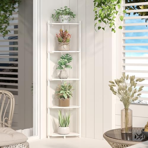 Wisuce White Tall Corner Shelf Stand, 5-Tier Bamboo Corner Bookshelf