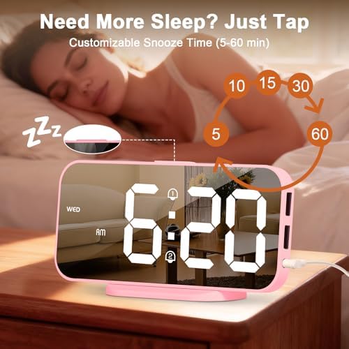 ALANAS Pink Mirror Digital Alarm Clock for Girls & Teens, Dual Alarms, Snooze, Adjustable Brightness, 2 USB Ports, Weekday Display, Cute Bedside Clock for Kids, Bedroom, Desk, Dorm, Gift Idea