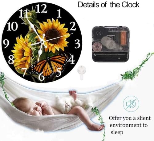 LOKMU Silent Non Ticking Clock 12 Inch, Round Wall Clock,Decorative for Living Room, Kitchen, Home,Bathroom, Bedroom, Office or School, Sunflower with Butterfly on Black