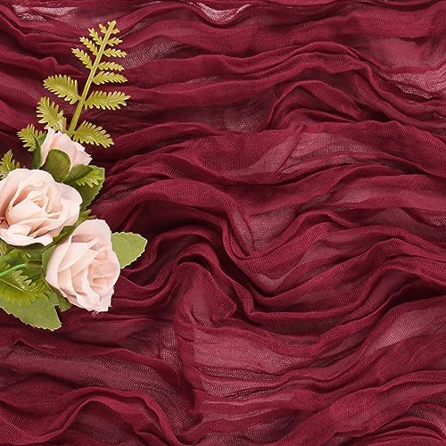 Burgundy 10FT Cheesecloth Table Runner Boho Gauze Fabric Table Runner Rustic Sheer Runner for Wedding Bridal Baby Shower Birthday Party Boho Table Decor（1 Pack Burgundy）