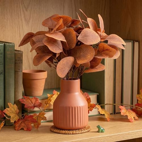 Artificial Eucalyptus Greenery Stems in Ceramic Vase 10Pcs Fake Plants Eucalyptus Leaves for Centerpiece Table Decorations Home Room Decor Office Desk Decor Small Fall Plant Decor