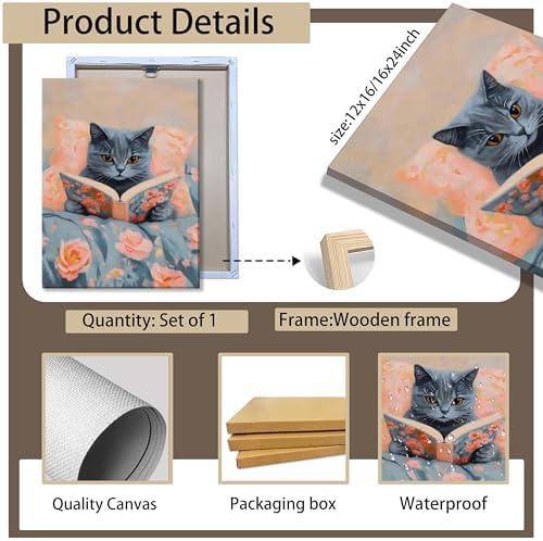 Framed Cat Reading Book Canvas Wall Art, Cute Gray Kitten Painting Print, Funny Animal Lovers Picture Wall Decor for Bedroom Living Room Kids Room Girls Room Home Decor 16x24 Inch