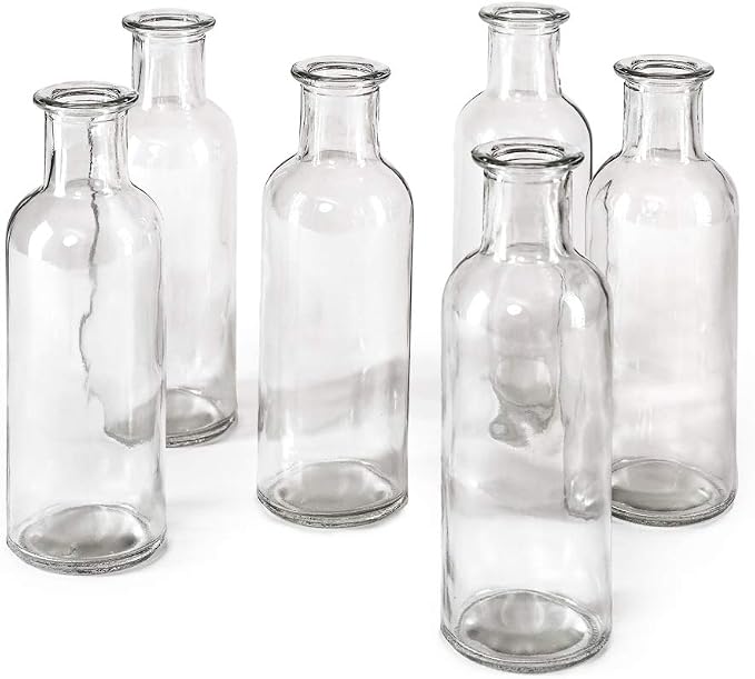 Serene Spaces Living Clear Glass Bud Vases – Vintage Apothecary Jars, Decorative Bottles for Weddings, Antique-Style Centerpieces, and Flower Arrangements - Set of 6 (6.5" Tall & 2" Diameter)