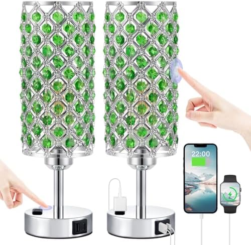 Hong-in Green Crystal Lamp Touch Control Set of 2, Crystal Table Lamps with USB C+A Ports & AC Outlet, 3-Way Dimmable Nightstand Touch Lamp, Modern Bedside Table Lamp for Bedroom(Bulbs Included)
