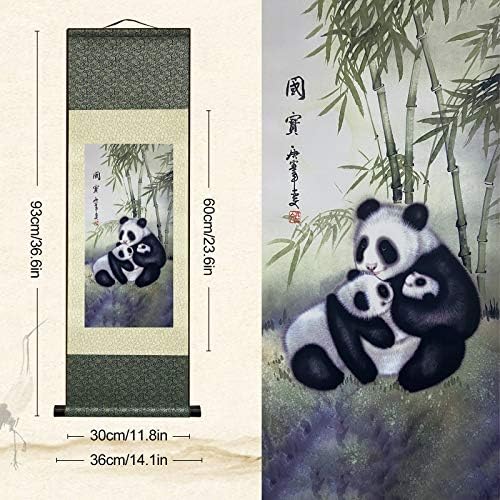 AtfArt Asian Wall Decor Beautiful Silk Scroll Painting Chinese Panda National Treasure Oriental Decor Chinese Art Wall Scroll Wall Hanging Painting Scroll (36.2 x 12 in)