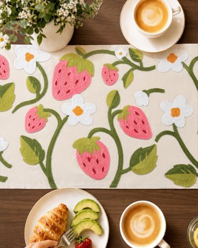 Canvas Embroidered Narrow 13"x 48" Table Runner, Pink Strawberry