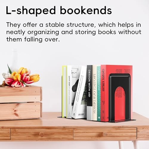 Optomni Bookends, Book End Supports Heavy Duty Metal Bookend Support, Book Ends Supports for Shelves Decor Home Office School 2 Pairs (Black, 4 Pairs/8 Pieces)