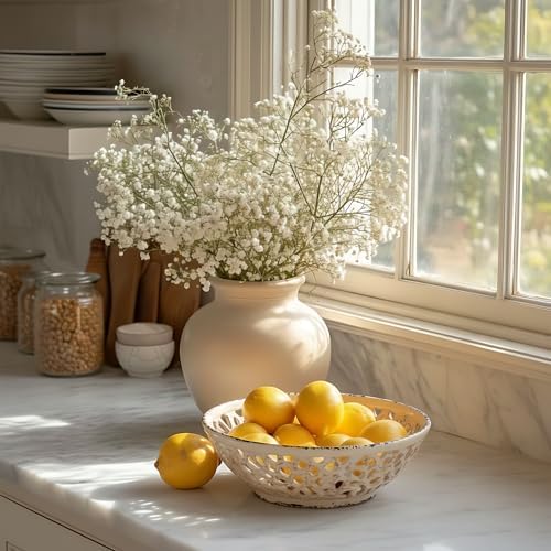 SIDUCAL Ceramic Fruit Bowl for Kitchen Counter,Decorative Fruit Basket with Holes, 10.43" Large Hollow Out Fruit Vegetable Holder Bowl for Table Decor, Beige