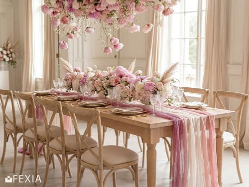 FEXIA 3 Pack Cheesecloth Table Runner 35x120 Inches Tie Dye Nude Pink Gauze Table Runner for Wedding Party Bridal Shower First Communion Centerpiece Engagement Boho Table Decoration for Dinning Room