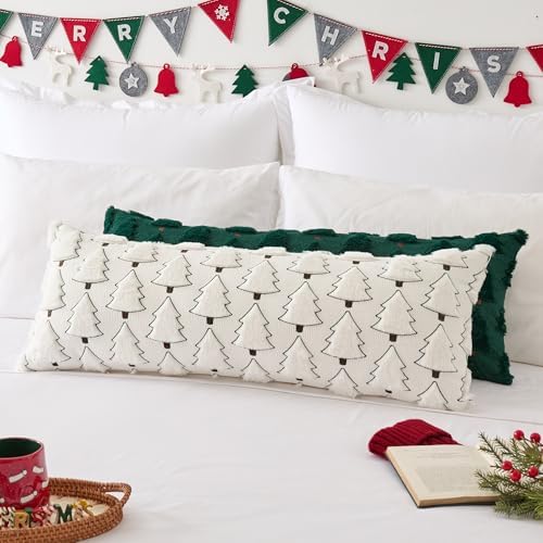 Kevin Textile Christmas Tree 14x36 Inch Long Lumbar 1 Pack Luxury Embroidery Soft Plush Faux Fur Rectangle Cushion Case for Couch Sofa Holiday Festivals Winter Xmas Gift, Cream White & Green