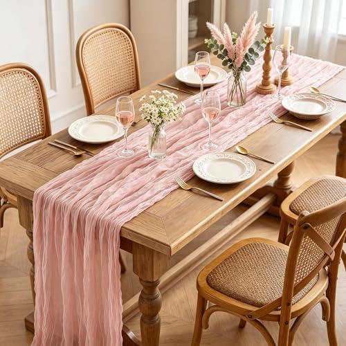 3Pcs Pink Cheesecloth Table Runner, 10FT Dusty Pink Boho Gauze Table Runner for Spring Easter Girl Baby Shower Bridal Shower Wedding Tea Party Pink Birthday Decorations