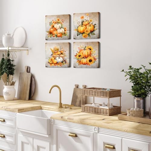 Pumpkin Canvas Wall Art Kitchen Wall Decor Rustic Sunflower Pictures Bedroom Artwork Autumn Themed Fall Festival Harvest Painting for Living Room Dinner Halloween Party Home Decorations 16x16" 4 Pcs