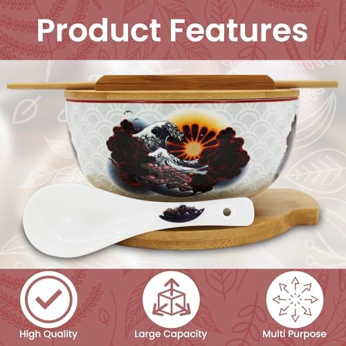 XWORLD Japanese Ceramic Ramen Noodle Bowls Set with Ceramic Spoon, Bamboo Chopsticks, Lid & Trivet, Serving Capacity of 33.8 OZ, Microwavable Oven Safety (3.3” x 6.6” D) (Landscape)