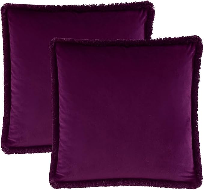 JUSPURBET Eggplant Decorative Velvet Fringe Throw Pillow Covers 22x22 Set of 2 Boho Soft Cushion Case for Home Decor Living Room Couch Sofa Bed