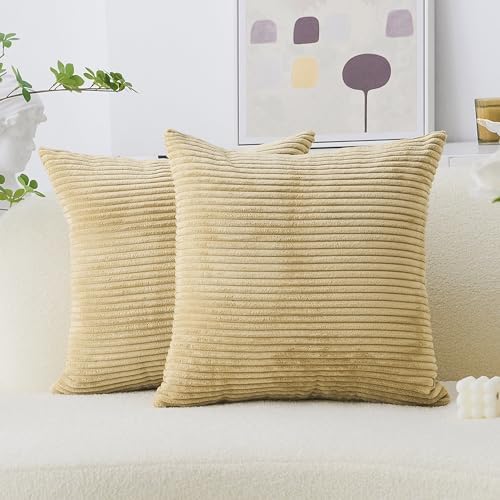 Home Brilliant Supersoft Decorative Pillow Covers Set of 2 Striped Velvet Corduroy Cushion Cover for Chair Couch Sofa, 50x50 cm, 20 x 20 Inch, Taupe