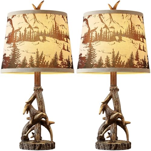 23'' Rustic Deer Antler Table Lamps Set of 2 for Log Cabin Bedroom Nightstand Western Country Side Lamp for Living Room End Table Study Room Desk, Brown, Forest Print Shade