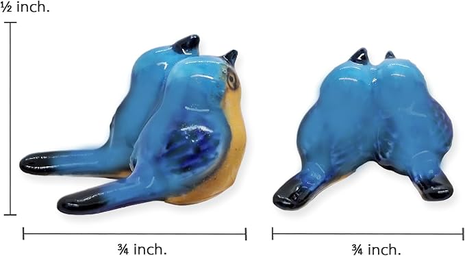 WitnyStore Tiny ¾ Inch Long Blue Yellow Twin Eastern Bluebird Bird Figurine - Miniature Hand Made Ceramic Birds Aves Colorful Porcelain Feathered Animals Cute Decorative Collectible Figure Décor Gifts