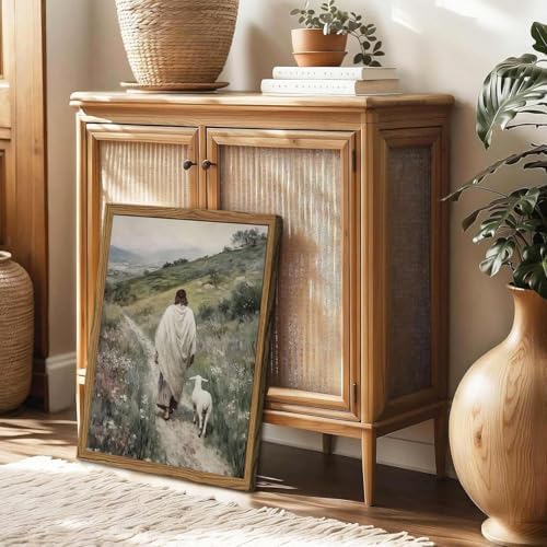 Jesus and Lamb Wall Art 3D Textured Hand Drawn Sandstone Lost Lamb Wall Decor, Jesus Leaves the 99 Sheep Christian Paintings Artwork for Living Prayer Room Bedroom 24x36 inch Wood Framed