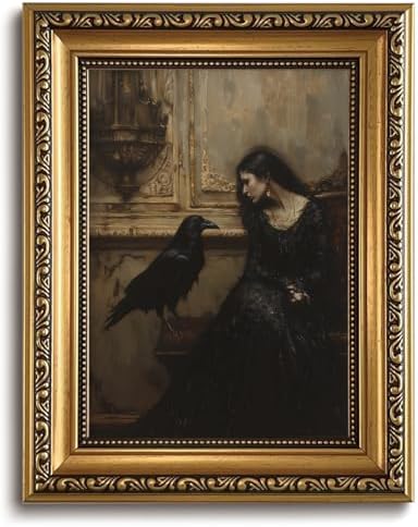 Vintage Gold Framed Dark Academia Wall Art Gothic Canvas Art Prints | Lady and Raven Pictures Victorian Cottagecore Paintings Wall Decor Artwork for Living Room Bedroom 8x10in