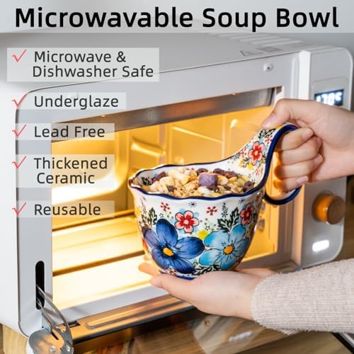 ALMA 18oz Microwavable Soup Bowl with Loop Handle, Handpainted Decorative Mug Big Handle, Ceramic Soup bowl for Mother, Cereal Bowl Great for Fruits, Chili, Stew, Ice cream