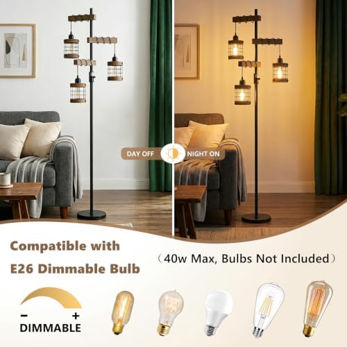 Vintage Floor Lamp with Wooden Lampshade, Dimmable Floor Lamps for Living Room, Industrial Standing Lamp Black Corner Light, Rustic Tall Lamp for Bedroom Office Nursery