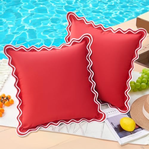 Red Scalloped Outdoor Throw Pillow Covers 18x18 Waterproof & Fade-Resistant