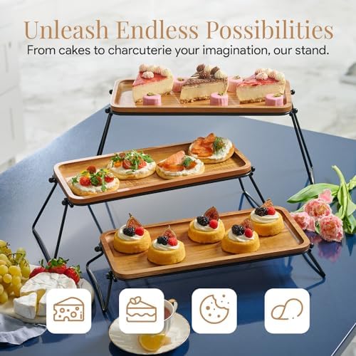 Homesphere 3 Tiered Tray Stand - Acacia Wood 3 Tier Serving Tray, Cupcake, Cake, Charcuterie Boards & Food Stand, Dessert Table Display Set, Wooden Party Serving Platters with Foldable Metal Supports