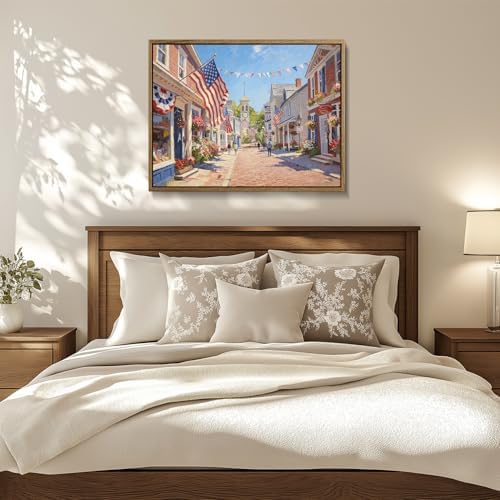 American Flag Framed Canvas Wall Art, 4th of July Patriotic Canvas Prints | USA Flag with Small Town Street Poster Print, Independence Day Wall Decor for Bedroom Living Room 6×8in