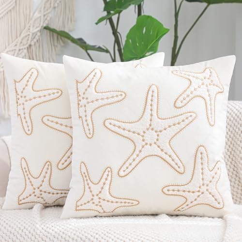 LUOYEHK Summer Embroidered Throw Pillow Covers 18x18 Inch Pack of 2, Beige Starfish Decorative Pillowcase Coastal Beach Cushion Covers for Couch Sofa Bed Home Decor