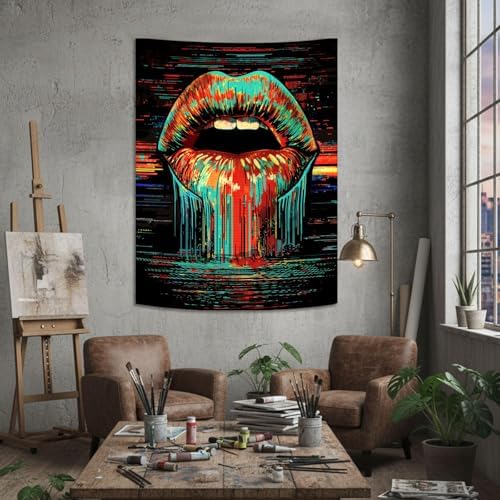 Neasow Hippie Vintage Lips Tapestry, Aesthetic Grunge Decor, Abstract Unique Wall Hanging for Bedroom Dorm Living Room, 60x80 inches