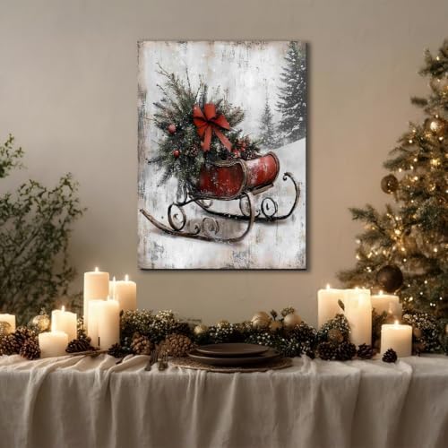 Vintage Framed Canvas Christmas Wall Art Decor 16x24, Farmhouse Red Christmas Prints Winter Paintings for Wall Sleigh Sled Art, Rustic Mantel Decoration, Country Winter Pictures