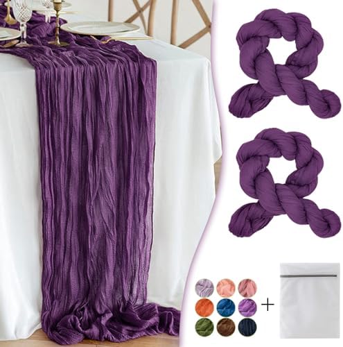 Plum Purple Cheesecloth Table Runner 2 Pack 35" Boho Gauze Table Runner 120 inches Long Runner Rustic Sheer Fabric Bulk for Baby Shower Wedding Bridal Birthday Party Table Decorations