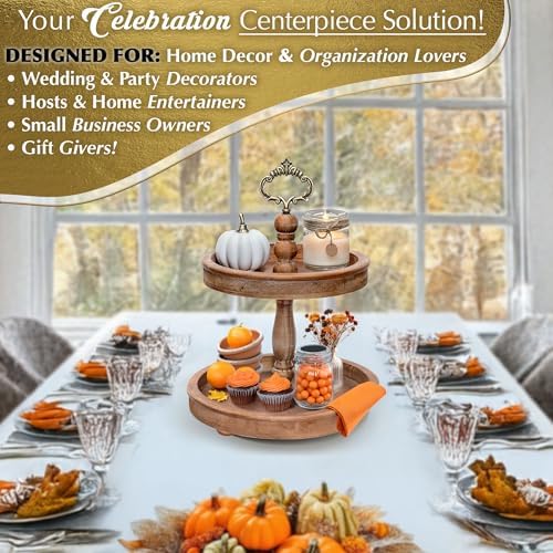 2 Tiered Tray Stand [Includes 3 Changeable Handles] - Rustic Cupcake Stand, Coffee Table Tiered Serving Tray for Kitchen Counter, Stunning Rustic Home Decor, Display Fruits, Plants, Candles (Brown)