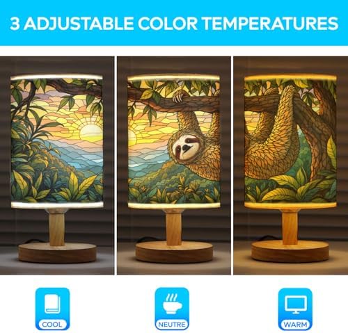 Sloth Table Lamp LED 3-Color Pressed Bedside, Sloth Shade Lamp with Wood Base for Bedroom Living Room Desk Office TL01