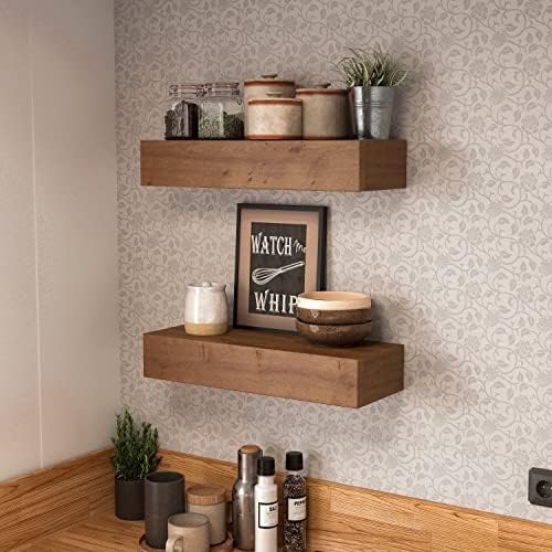Wall Floating Shelves, Rustic Wood Wall Shelf Handmade - Wooden Shelves for Bathroom Kitchen Livingroom(Light Walnut, 17 Inch - 2 Pack)