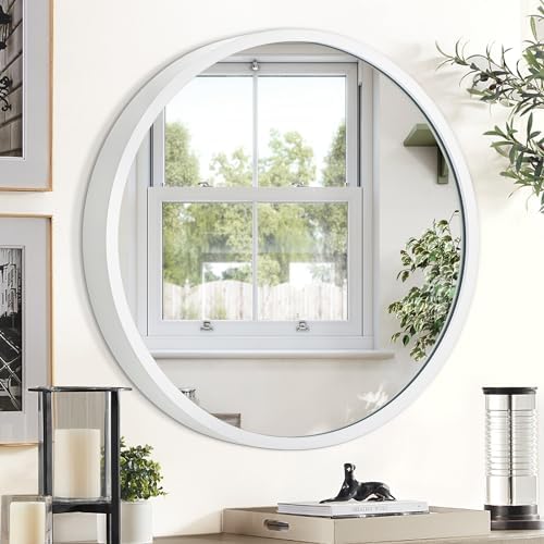 JJUUYOU Round Wall Mirror 16 Inch Circle Wall Mirror for Bathroom, White Circular Mirror Washroom Wall Mounted Metal Frame Mirror for Living Room, Bedroom, Dorm