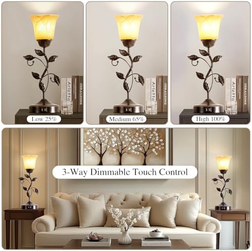 Set of 2 Touch Vintage Bedroom Leaf Table Lamps with 2 USB Ports