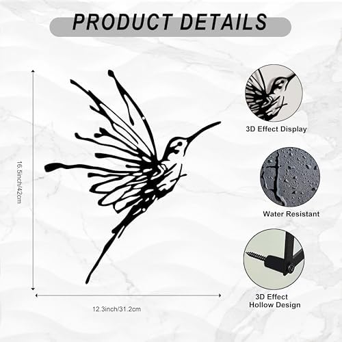 3D Metal Hummingbird Wall Art, Black Outdoor Decor, Waterproof(12.3"x16.5") | Stunning 3D black metal hummingbird, weatherproof design, ideal for garden, yard, or balcony wall decoration
