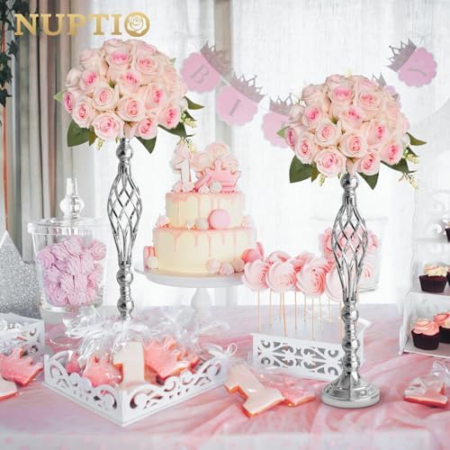 NUPTIO Silver Centerpiece Stand for Table, Twist Style, 22.8" Tall, 10 Pcs