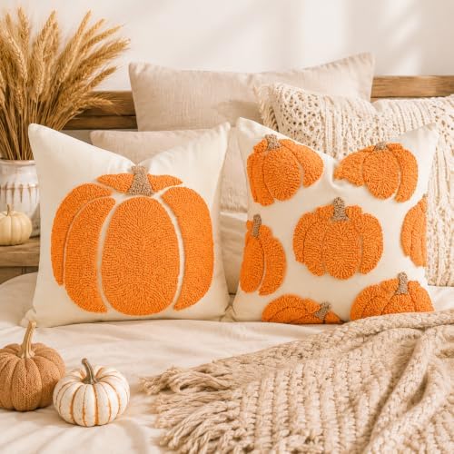 GEEORY Fall Pumpkin Pillow Covers Set of 2, Orange Tufted 16x16