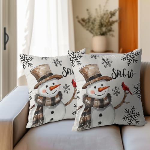 Snowman Throw Pillow Cover Christmas Pillowcase 24x24 Inch Set of 2 Snowflake and Red Cardinal Bird Decorative Cushion Cover Winter Holiday Pillow Protector for Home Sofa Bedroom Decor