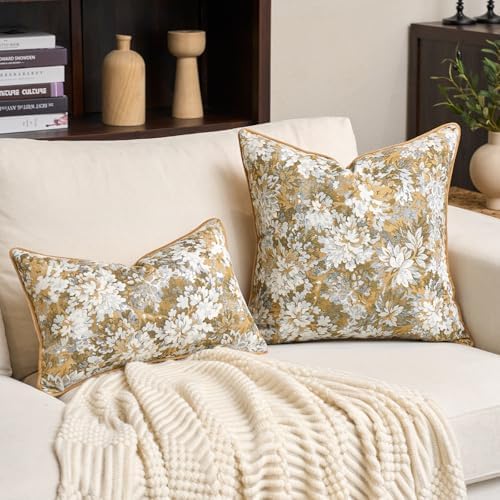 Alerfa Yellow Neutral Floral Pillow Cover 20 x 20 Inch, Vintage Chenille Square Couch Pillow Cover Soft Decorative Farmhouse Accent Pillowcase for Living Room Bedroom