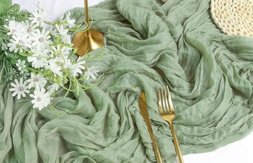 FEXIA 4Pcs Sage Green Cheesecloth Table Runner for Baby Shower Decoration