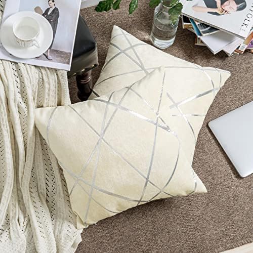 GIGIZAZA Decorative Throw Pillows Covers 20 x 20,Sofa Thick Stripe Velvet Ivory Cream Cushion Pillow Covers,Square White Luxury Pillows 2 Set (Ivory, 20 x 20)