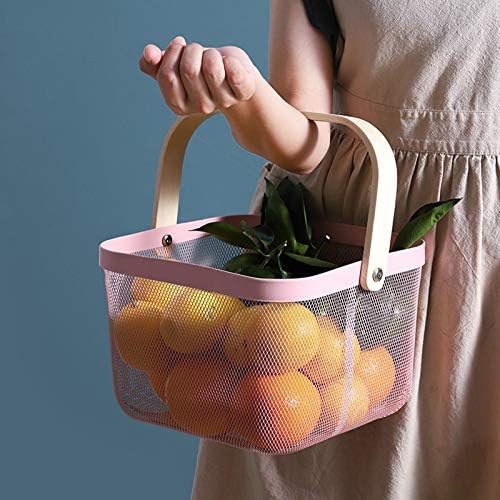 AJIODA Metal Mesh Steel Basket, Storage Organizer Basket Multi-functional Hanging Kitchen Baskets Fruit Basket Bin with Bamboo Handle for Kitchen Bathroom Picnic Shopping Decor Cabinet Home, Pink